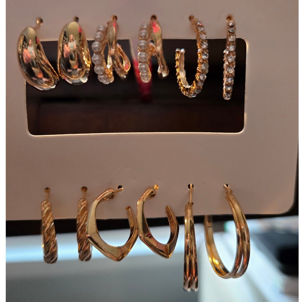 6 Pair Gold Tone Hoop Earring Set Faux Pearl Rhinestone Geometric Mixed Styles